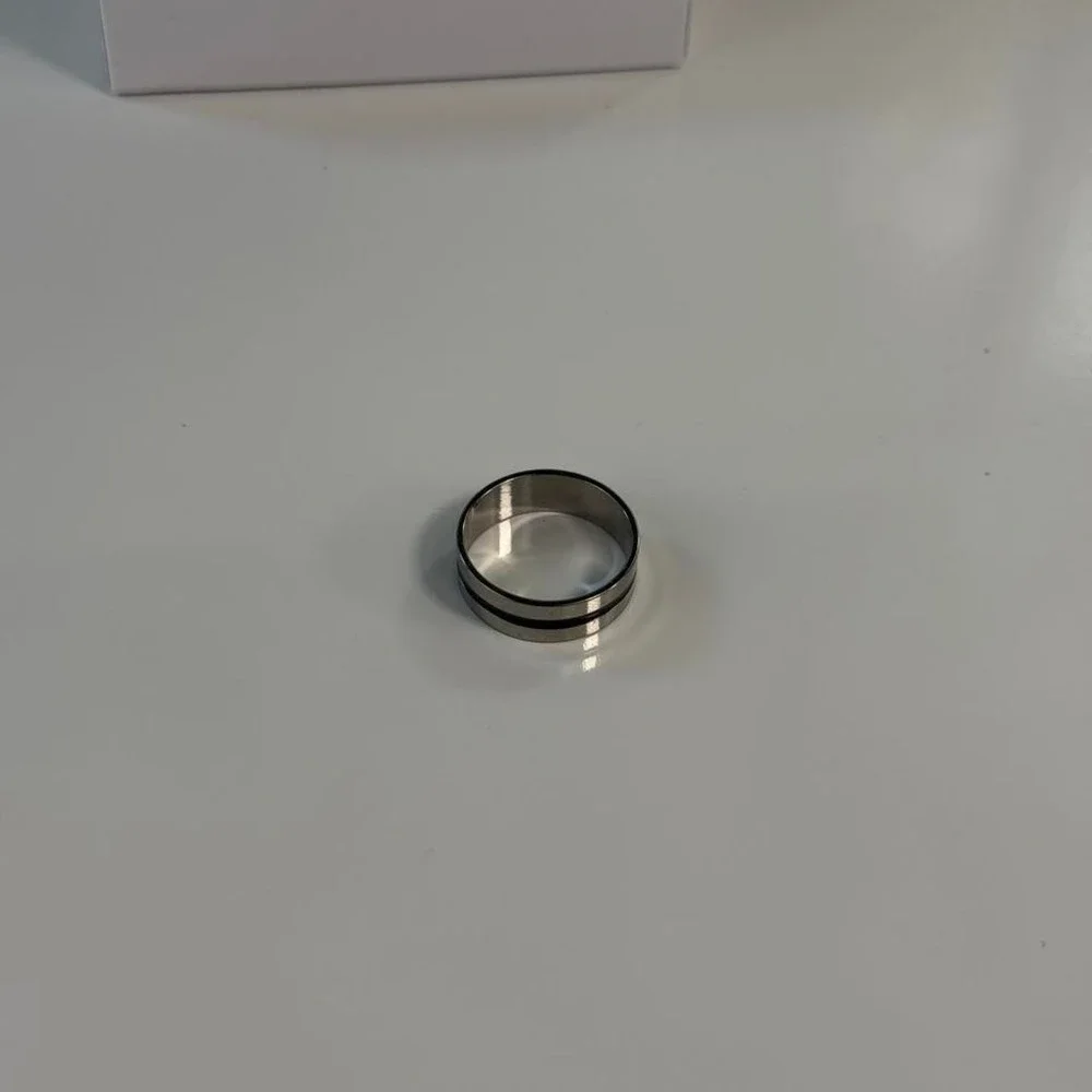 Mens Silver Band Ring with Black Stripe Minimalist Modern Jewelry Accessory